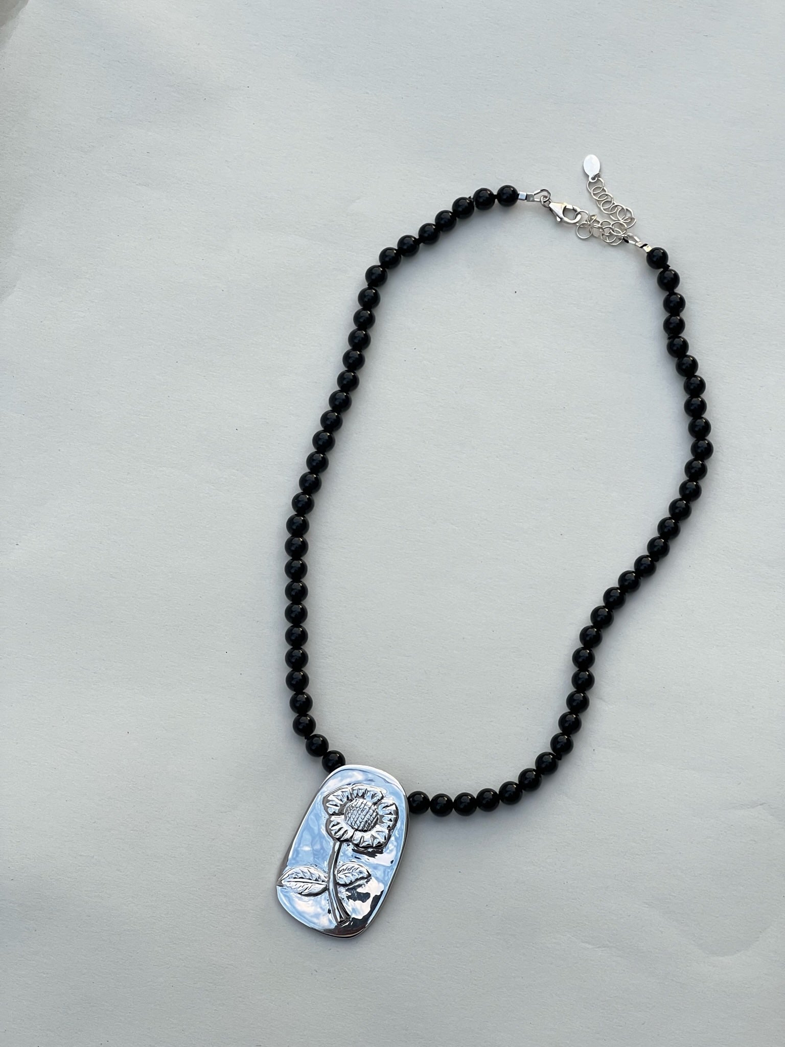 Vintage Onyx Beaded Silver Pendant Necklace