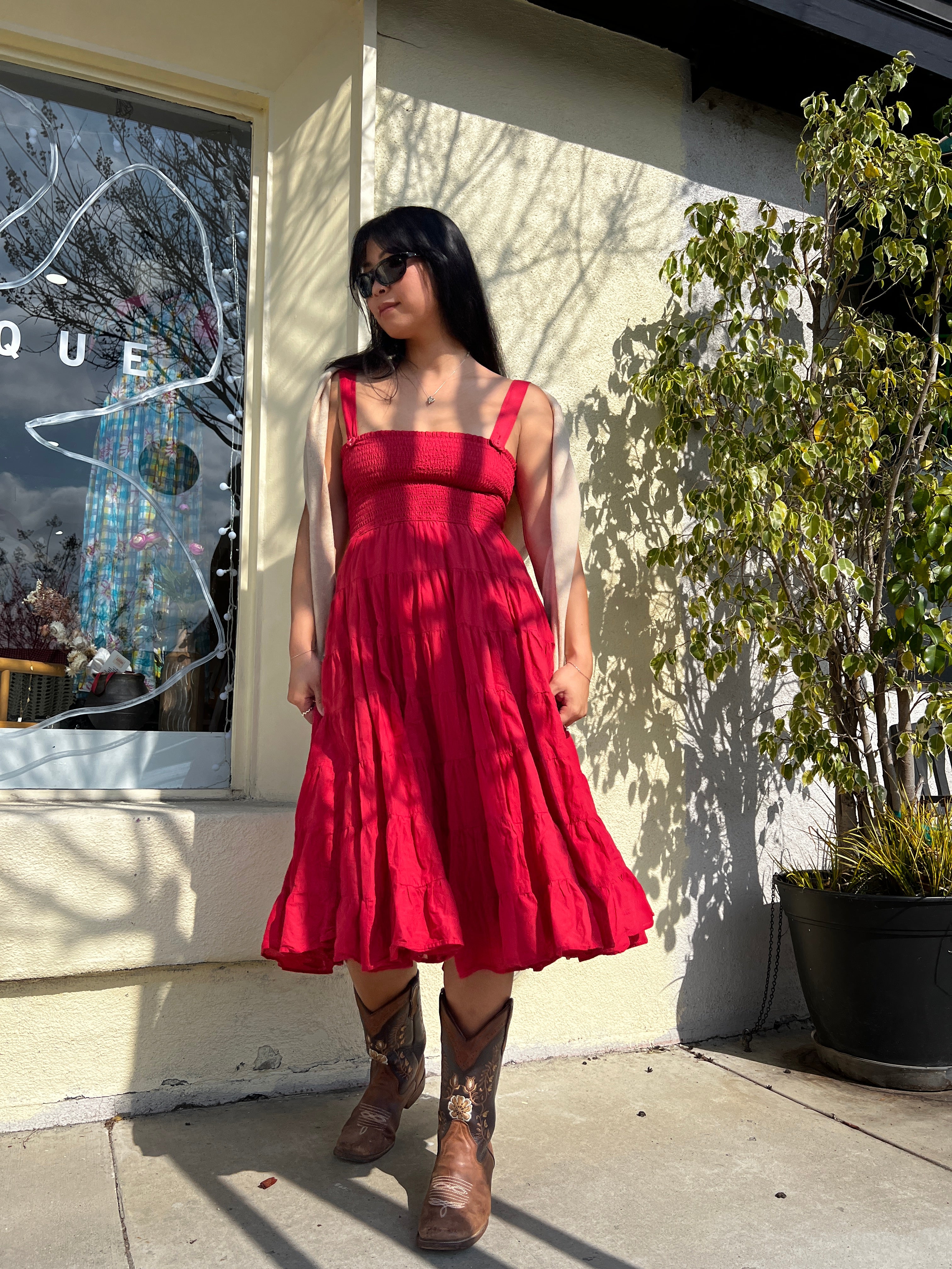 Vintage Ralph Lauren Smocked Midi Dress - Red