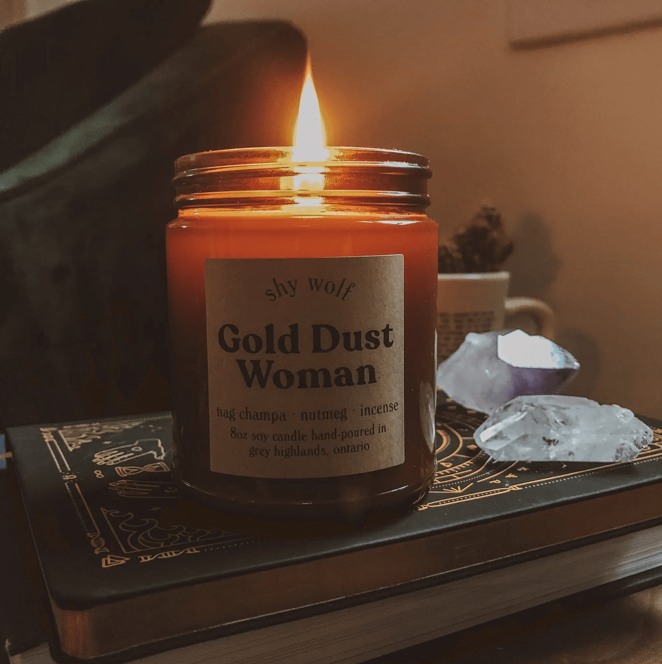 Shy Wolf_Gold Dust Woman Soy Candle - Incense, Nag Champa, Nutmeg - Skies For Miles