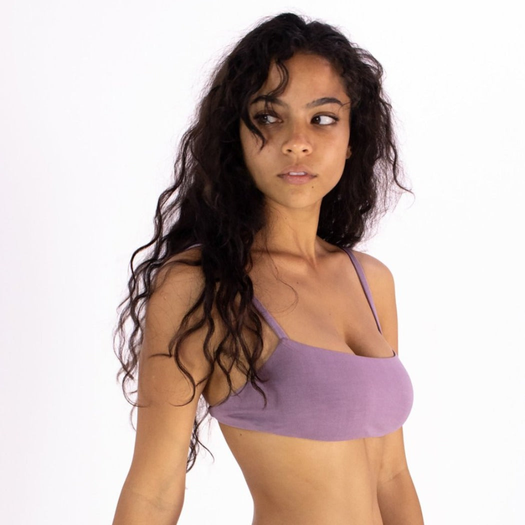 Leo High Cut Bra square neck bamboo bra in Mauve color. Skies for Miles.