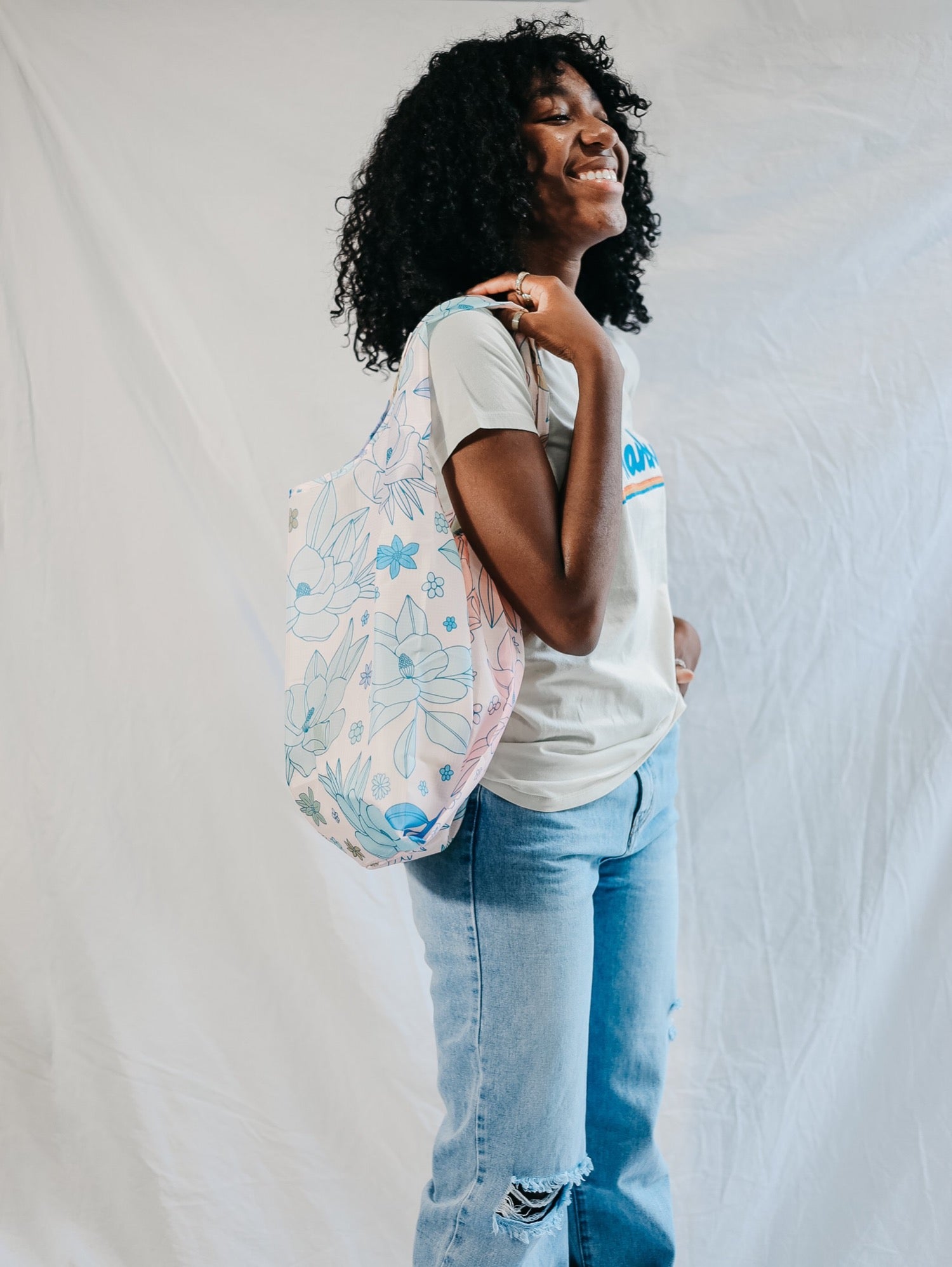 Medium sized reusable tote in ripstop nylon and floral print